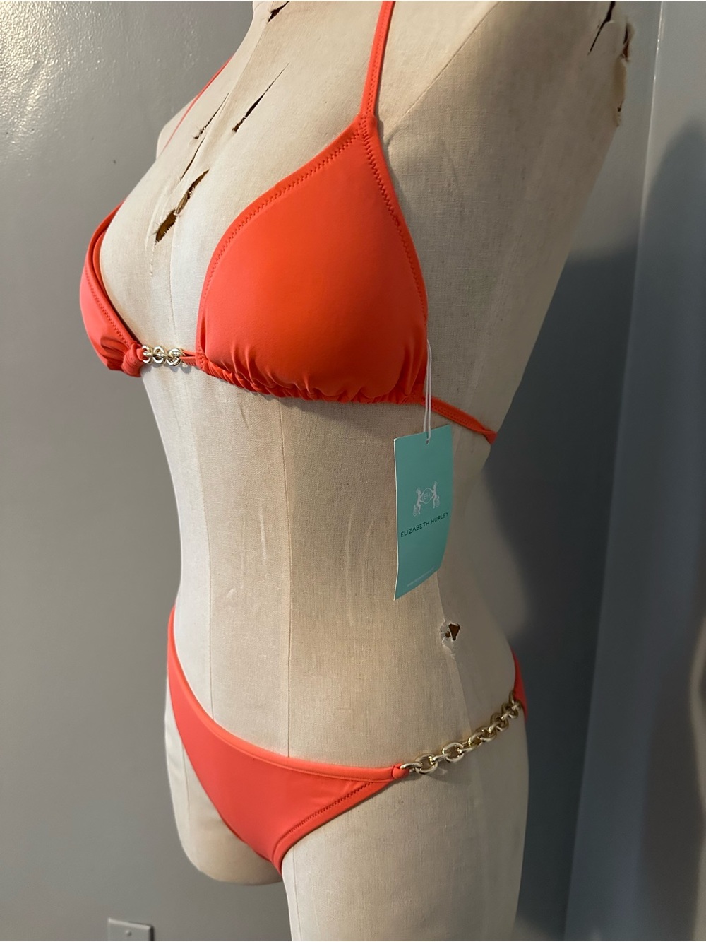 Elizabeth Hurley beach Coral Chain-Accent Triangle Bikini